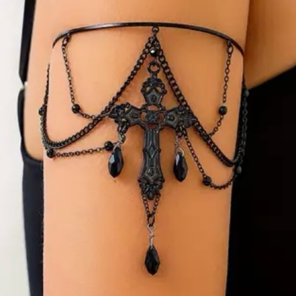 Gothic Cross Victorian Floral Ornate Rosary Bead Chandelier Arm Cuff Band Bangle - Picture 1 of 13